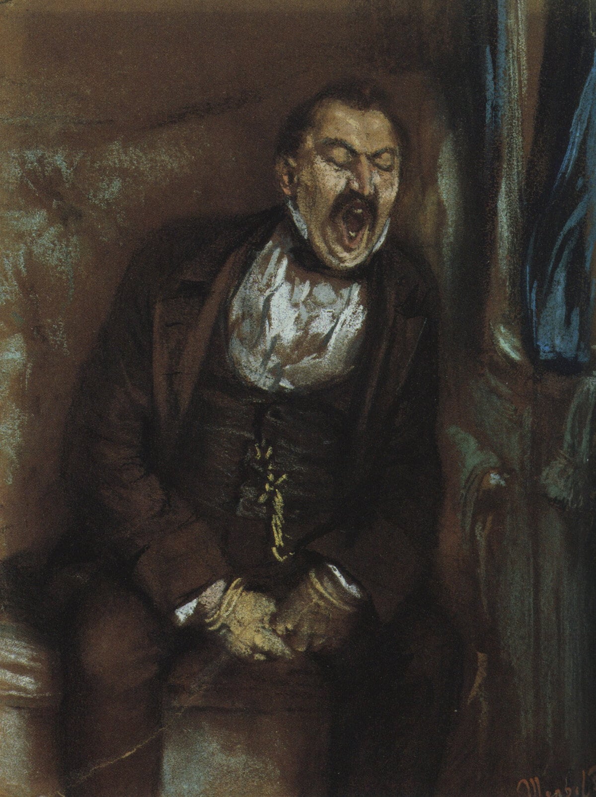 ‘Gähnender Herr im Eisenbahncoupé’, olieverfschilderij door Adolph Menzel uit 1859 Oblomov