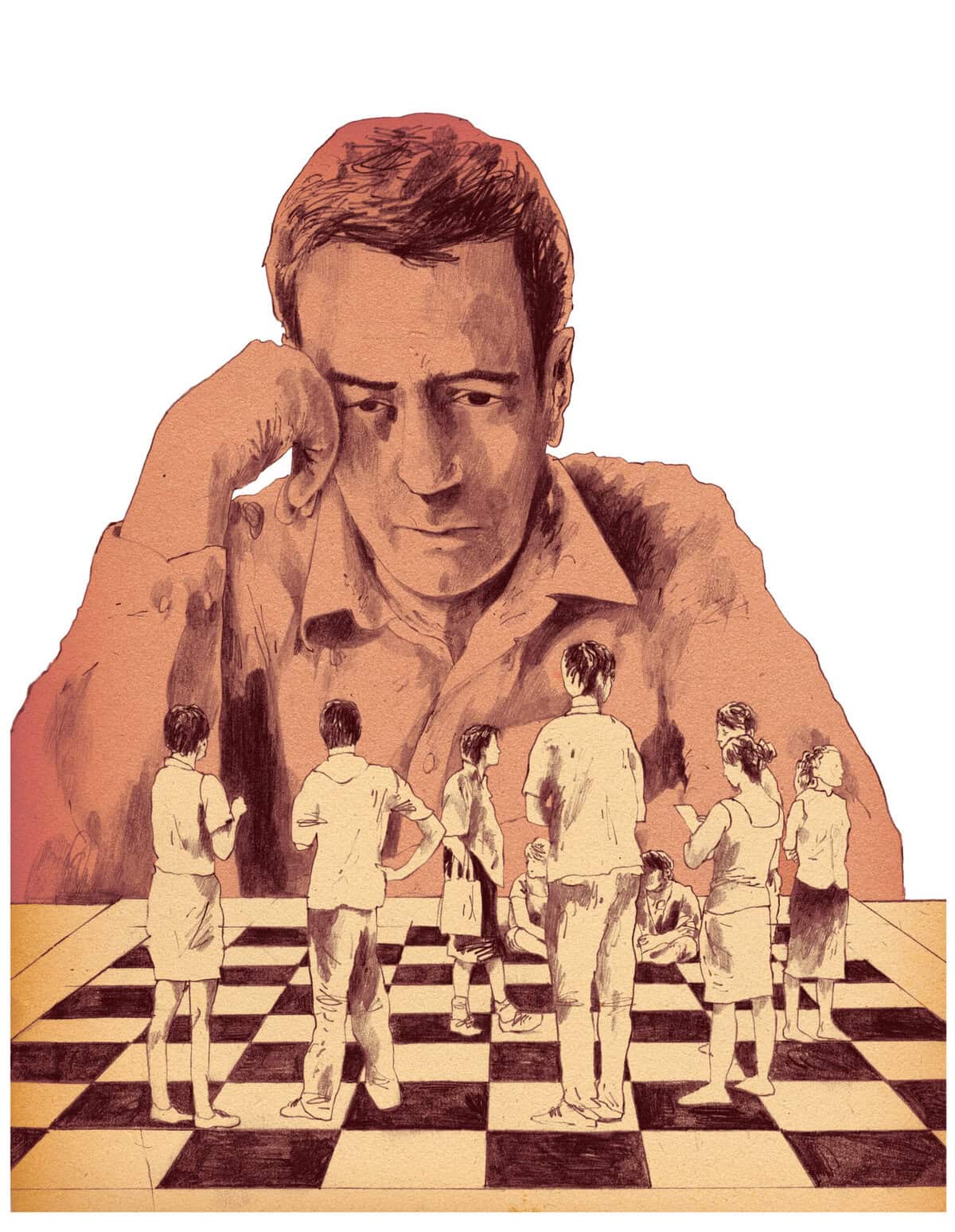 denker voor een schaakbord met mensen erop