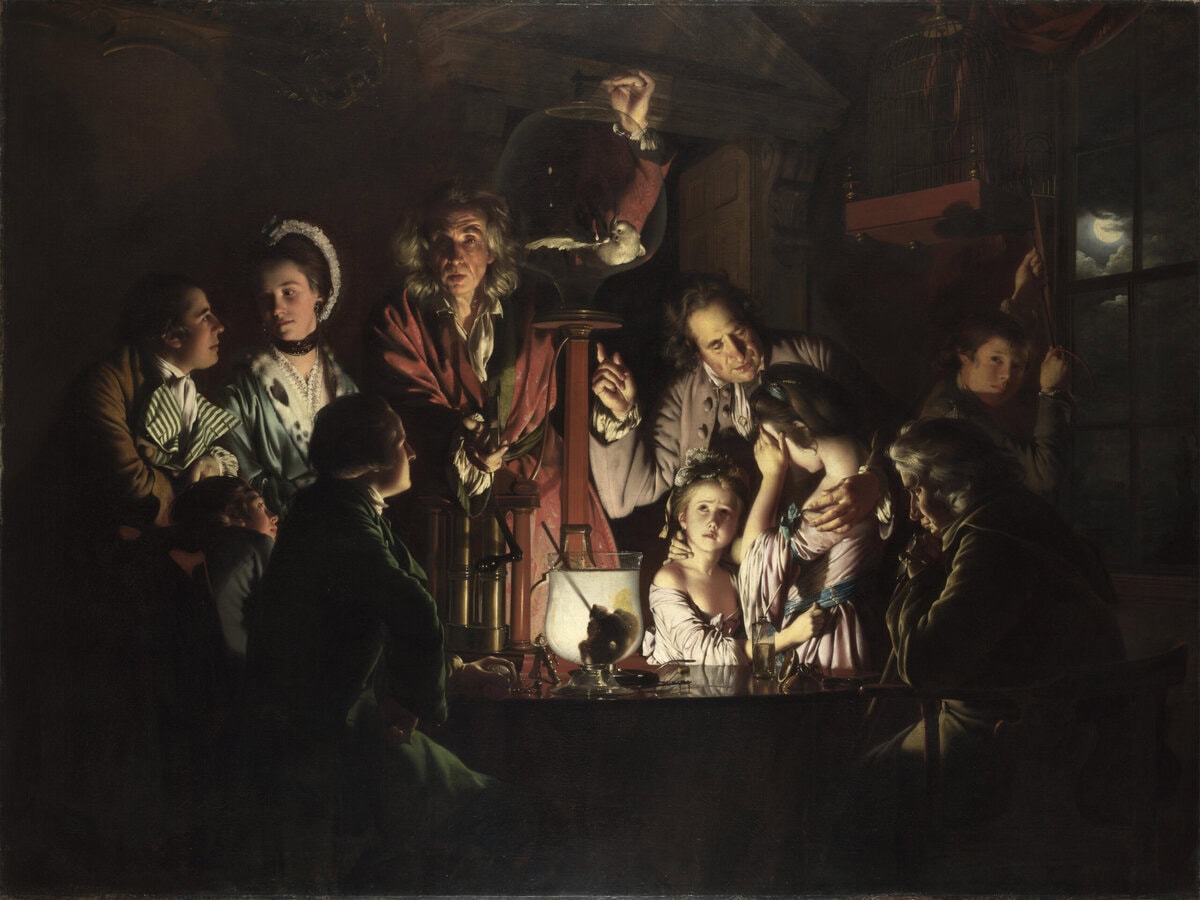 An experiment on a bird in an air pump, schilderij door Joseph Wright of Derby vacuüm experiment