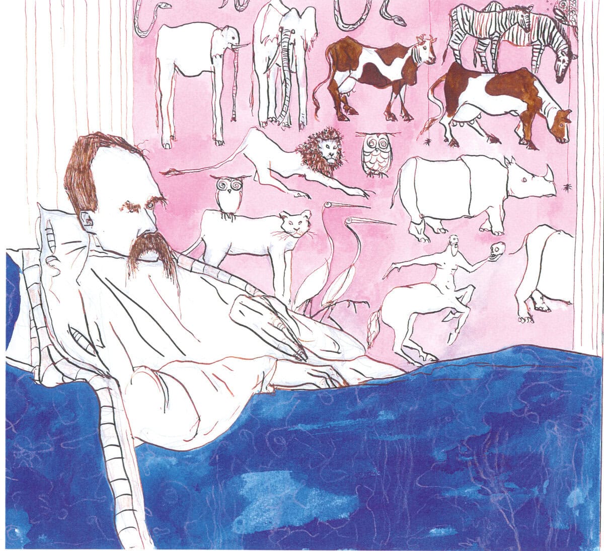 mens Friedrich Nietzsche in bed voor een muur met dierenafbeeldingen