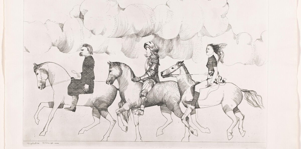 Drie ruiters en profil: links Nietzsche, in het midden een ridder en rechts een meisje