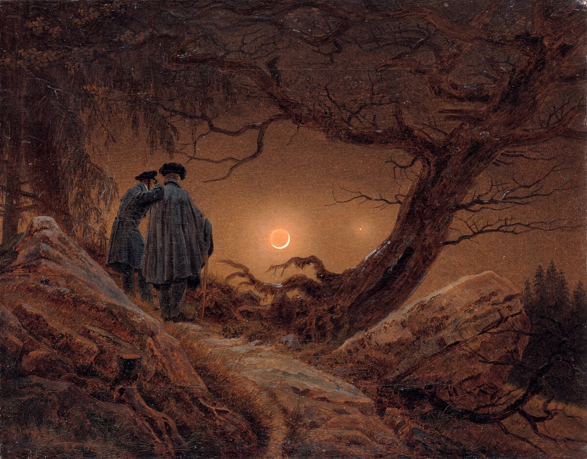 ‘Twee mannen kijken naar de maan’, olieverfschilderij door Caspar David Friedrich uit 1819/1820
