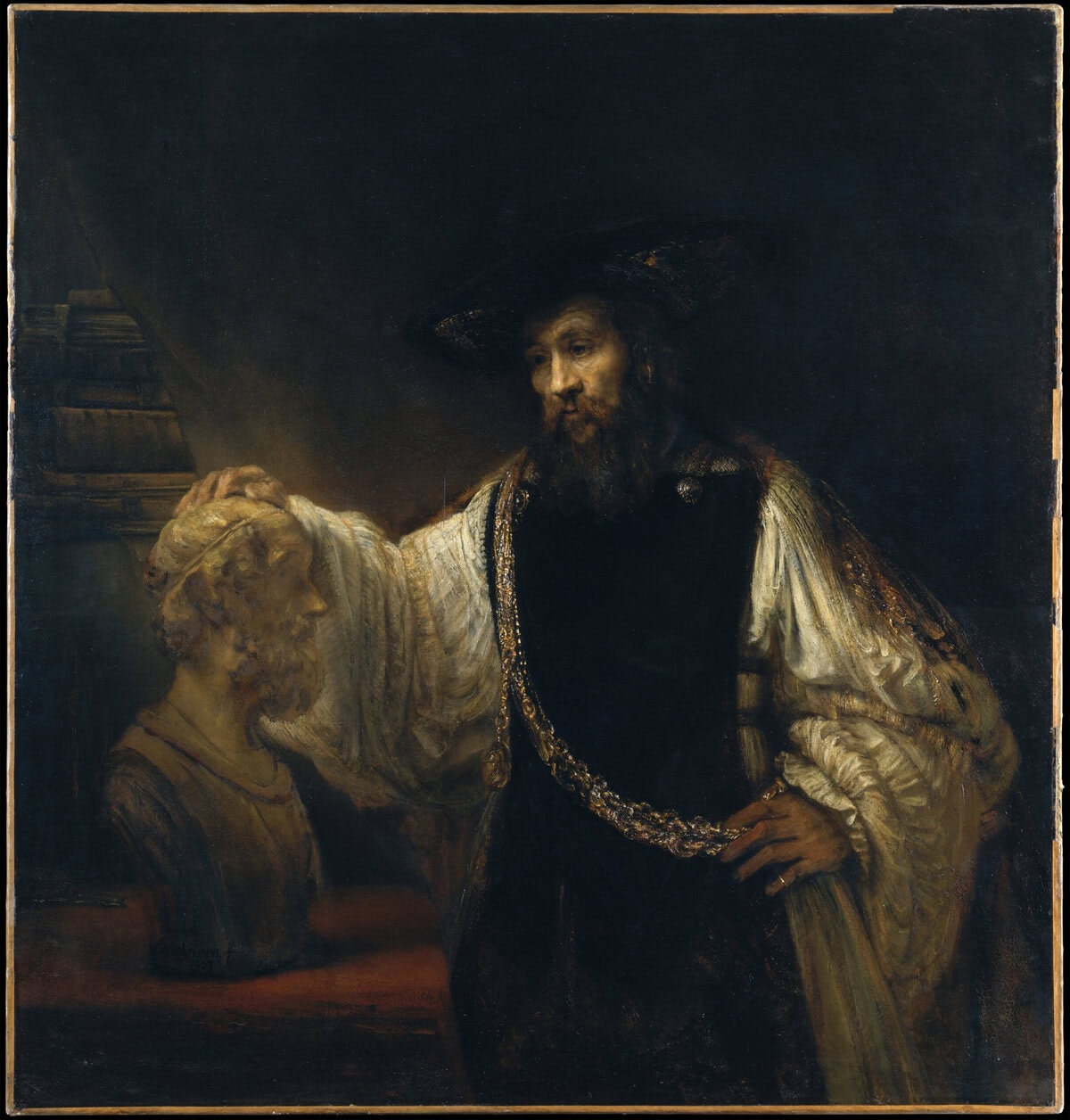 Aristoteles peinzend bij een borstbeeld van Homerus olieverfschilderij door Rembrandt van Rijn uit 1653