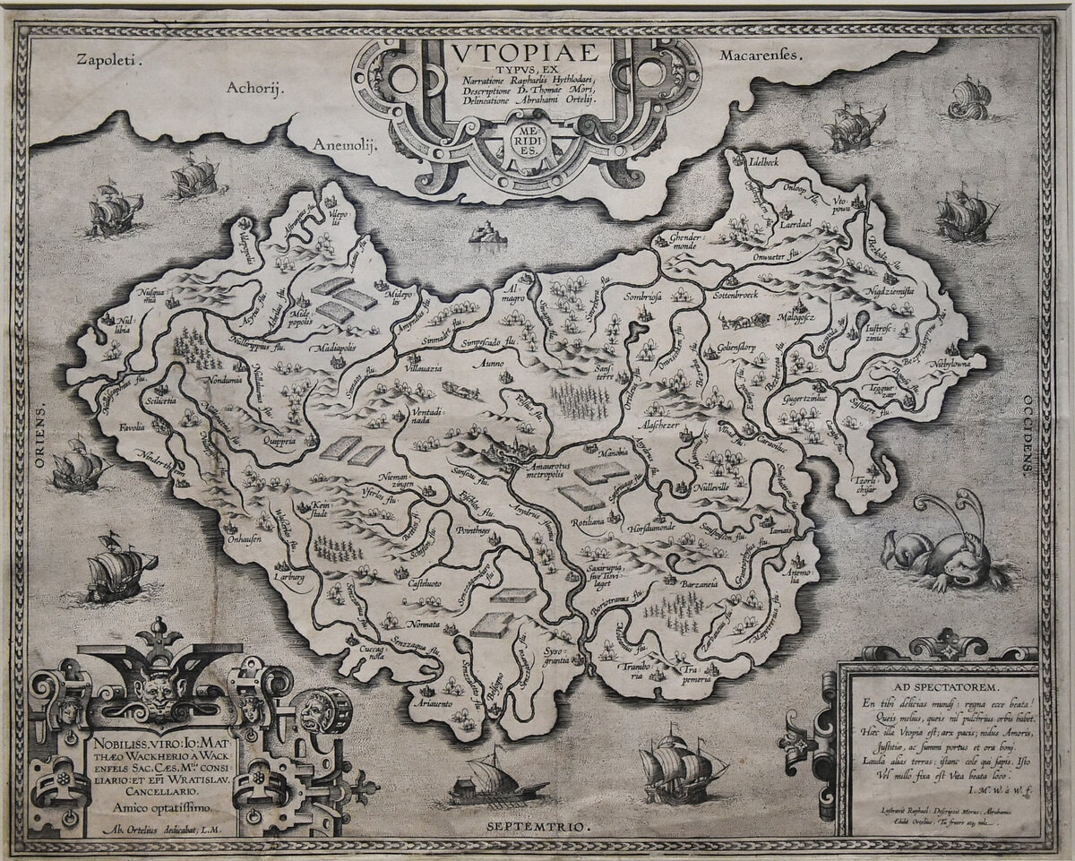Kaart van de utopie Utopia en Abraxa door Abraham Ortelius, bedacht door Thomas More