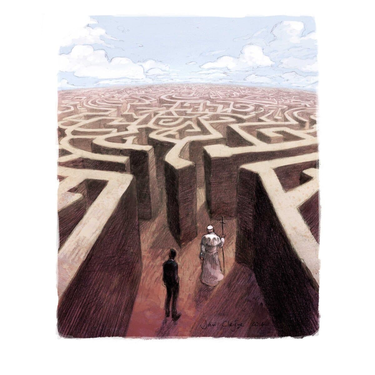 de paus met een man in een labyrinth