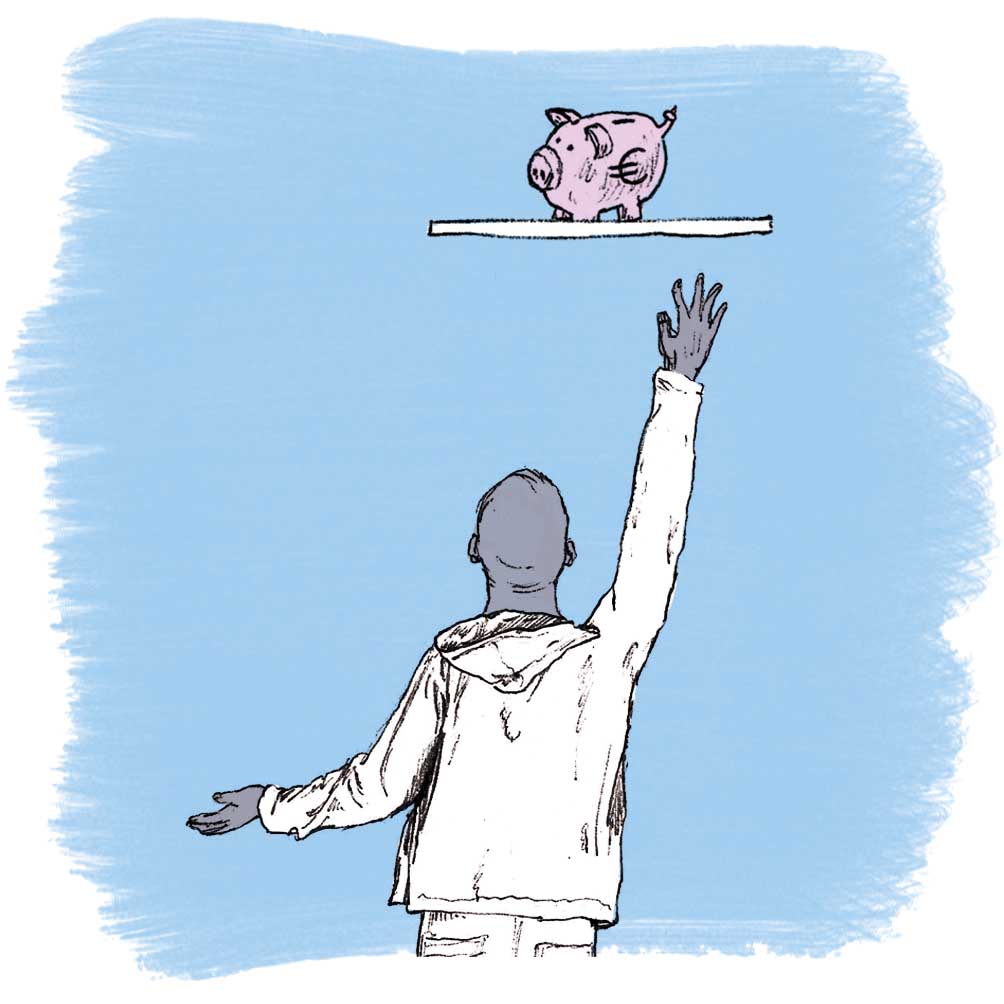illustratie van een jongen die reikt naar een spaarvarken