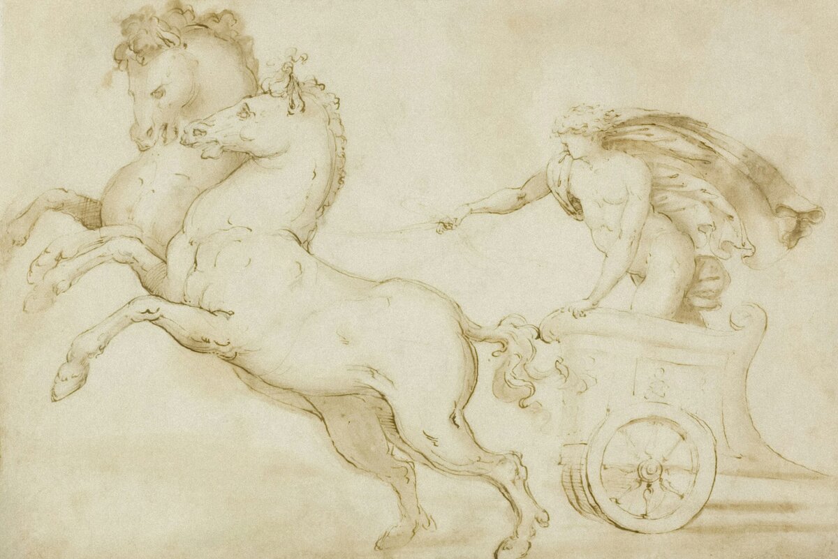 paardenspan met een wagenmenner en twee paarden