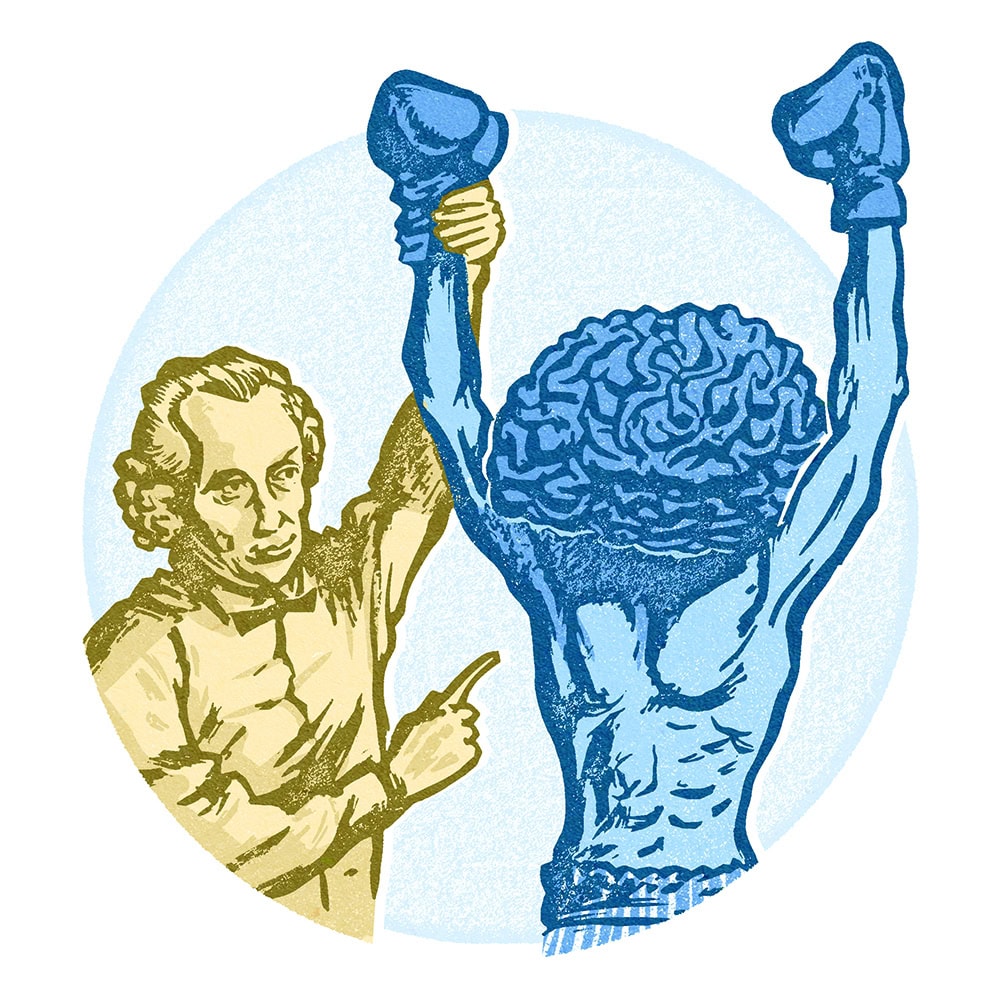 Immanuel Kant als scheidsrechter met de hersenen als winnaar van een bokswedstrijd