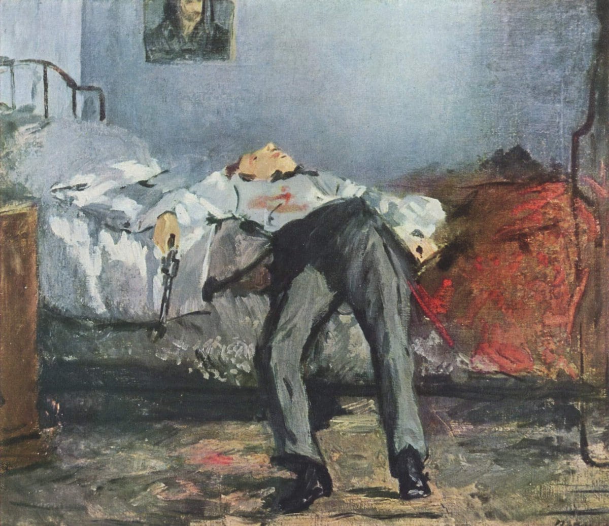 de zelfmoord Edouard Manet dode man op bed met pistool en schotwond