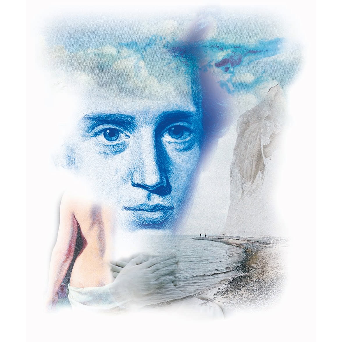 Portret van Søren Kierkegaard met zee en rots op achtergrond.