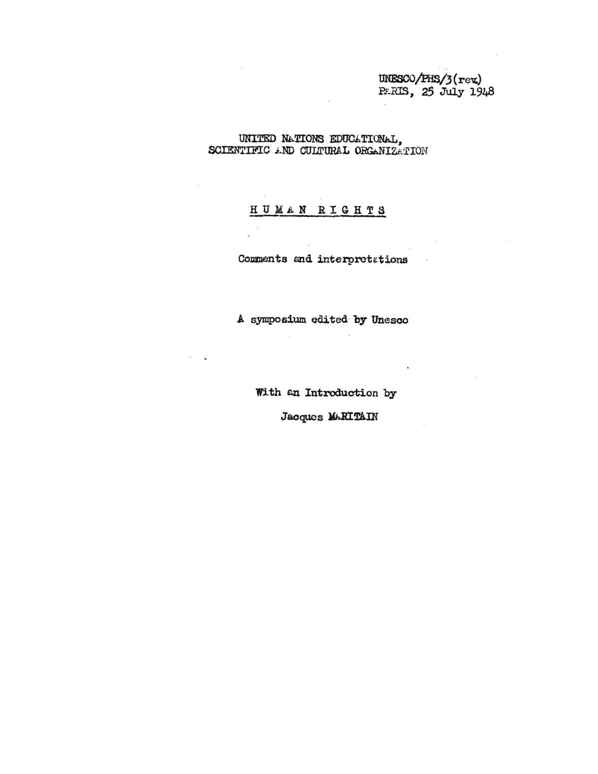 Human Right comments and interpretation Unesco Jacques Maritain mensenrechten