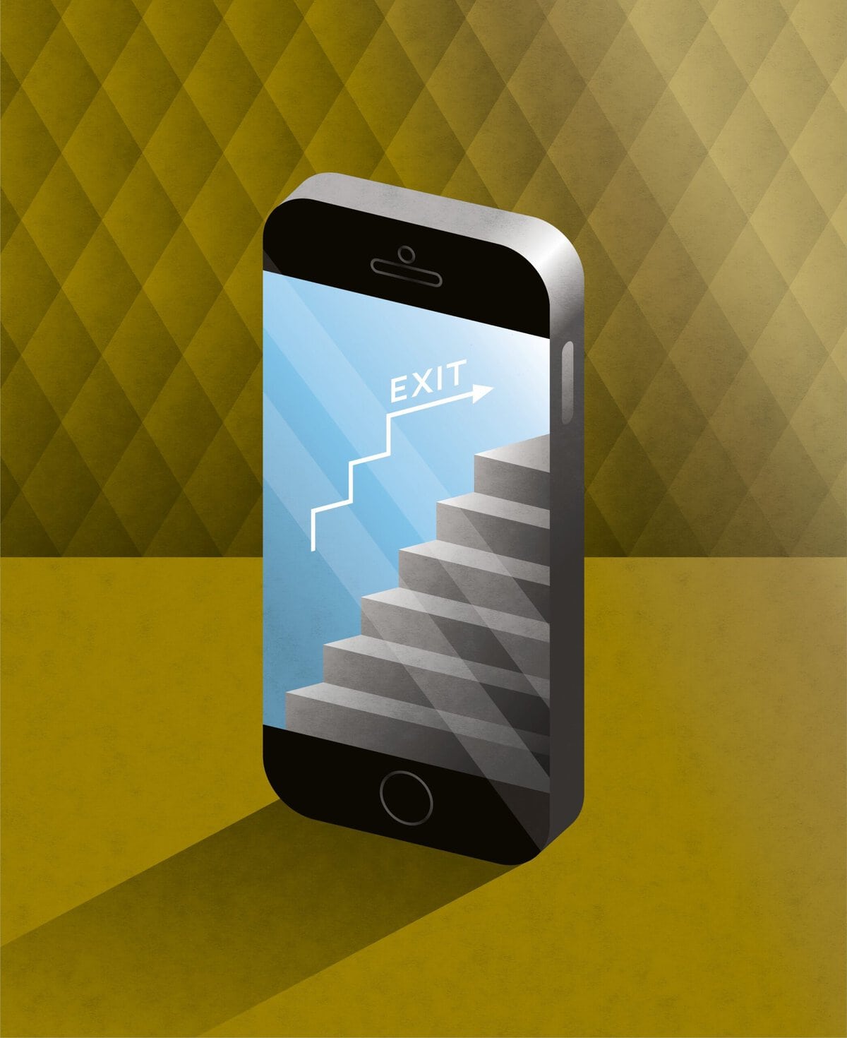 smartphone telefoon met trap met uitgang op het scherm illustratie bij essay Alleen op afstand hebben we contact