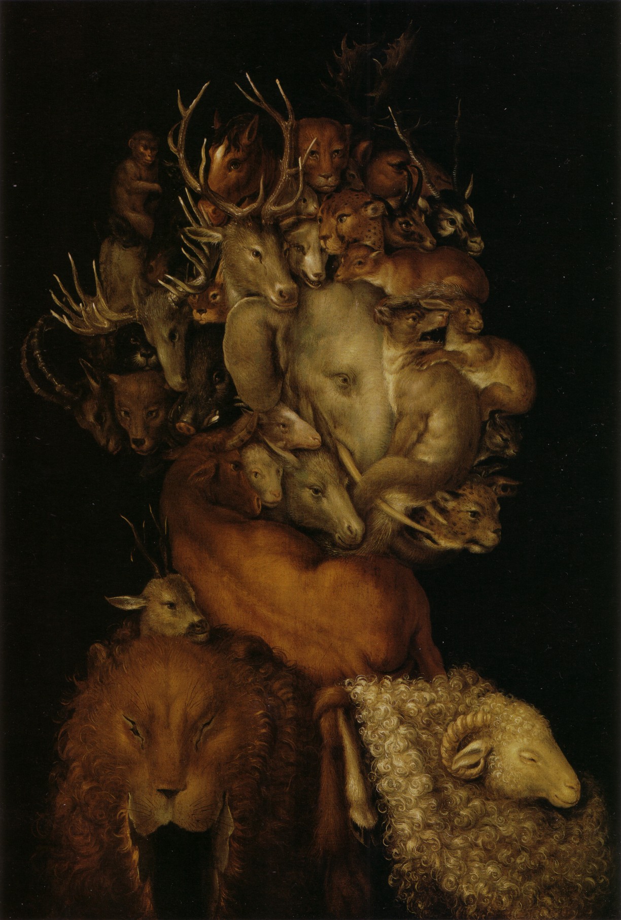 Aarde schilderij van Giuseppe Arcimboldo met verschillende dieren die samen een mens afbeelden