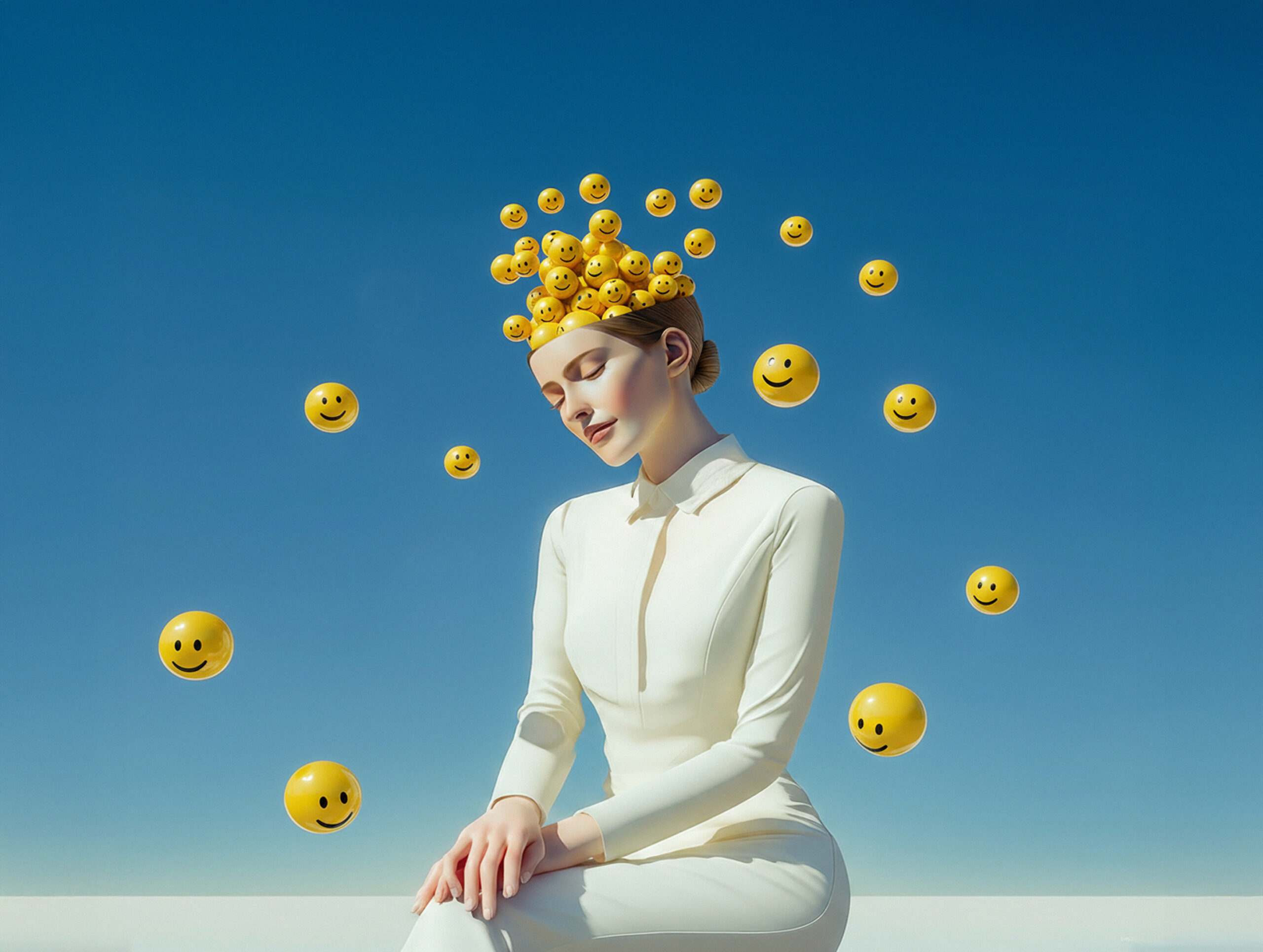 geest vrouw met hoofd gevuld met gele ballen op een blauwe achtergrond