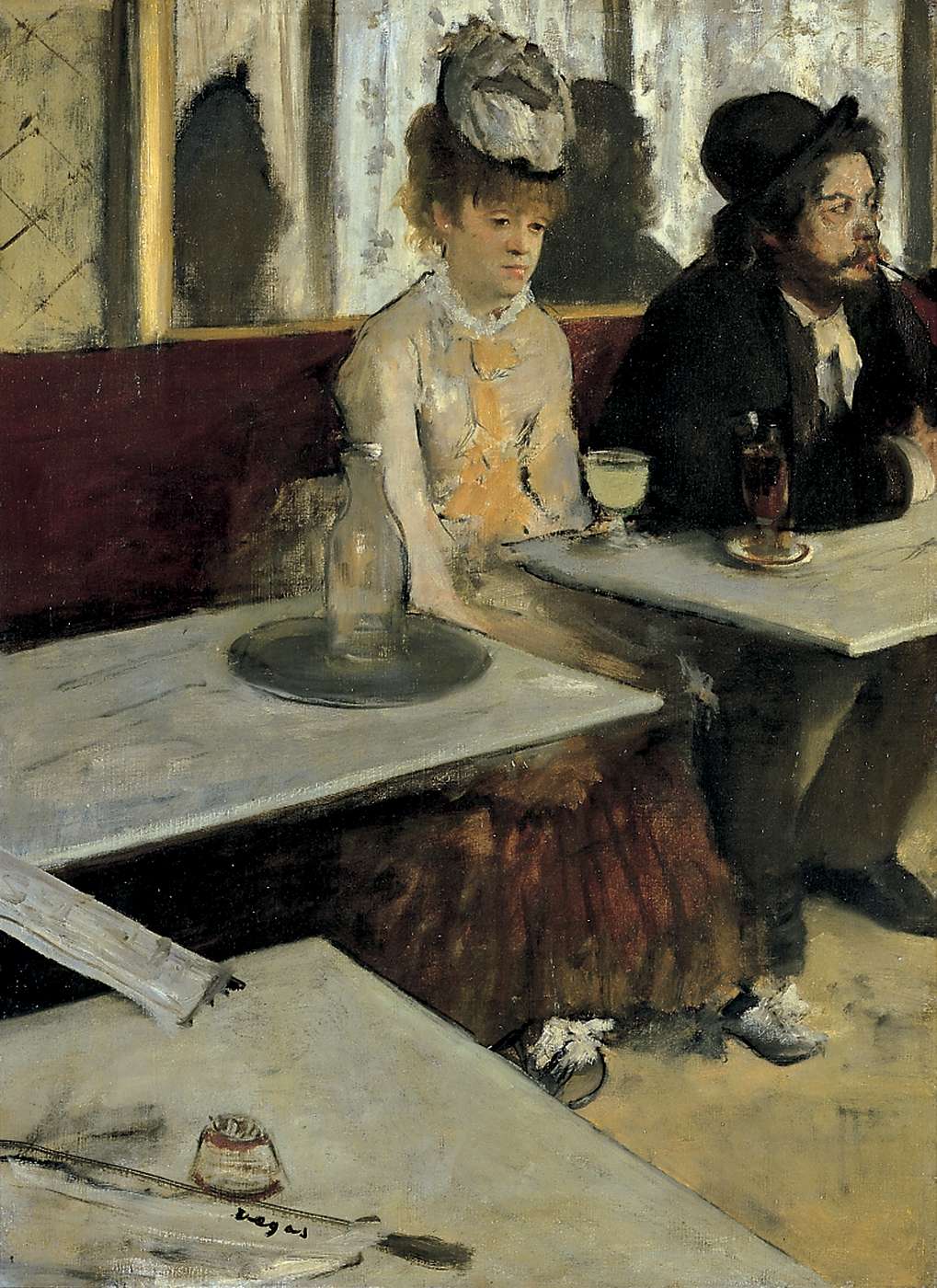 De absintdrinkster van Edgar Degas, schilderij met vrouw met verdriet op het terras naast dronken man