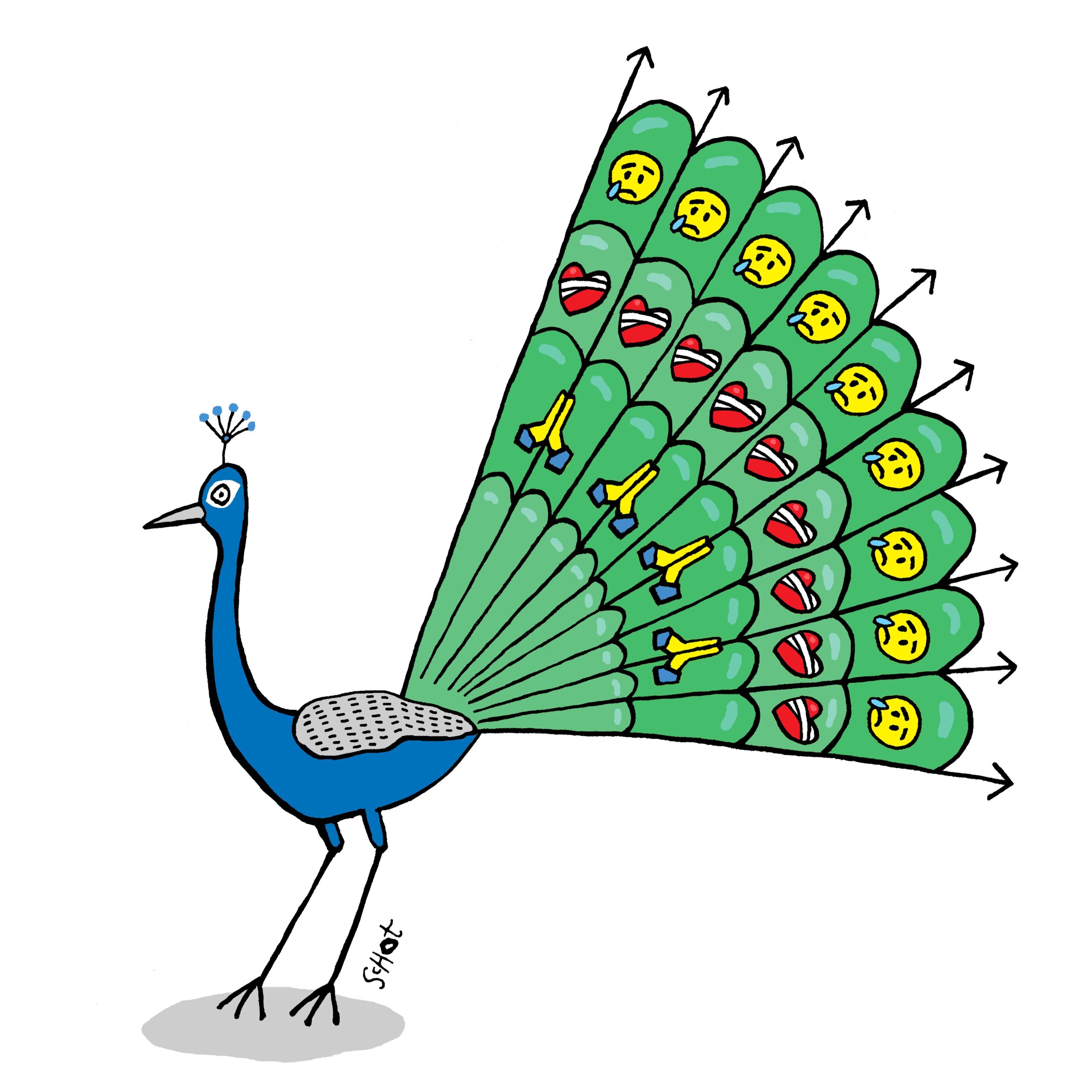 pauw met emoticons op zijn veren deugdpronken