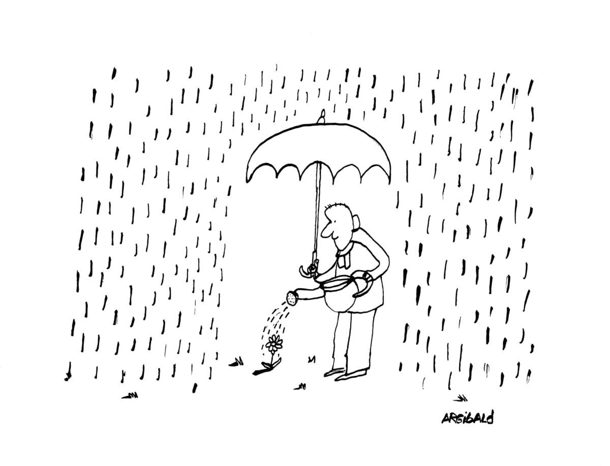 water geven in de regen cartoon van Argibald