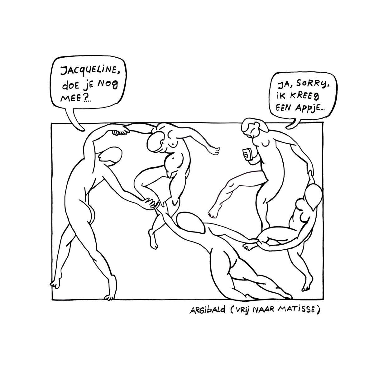 cartoon van Argibald naar een schilderij van Matisse Jacqueline krijgt een appje