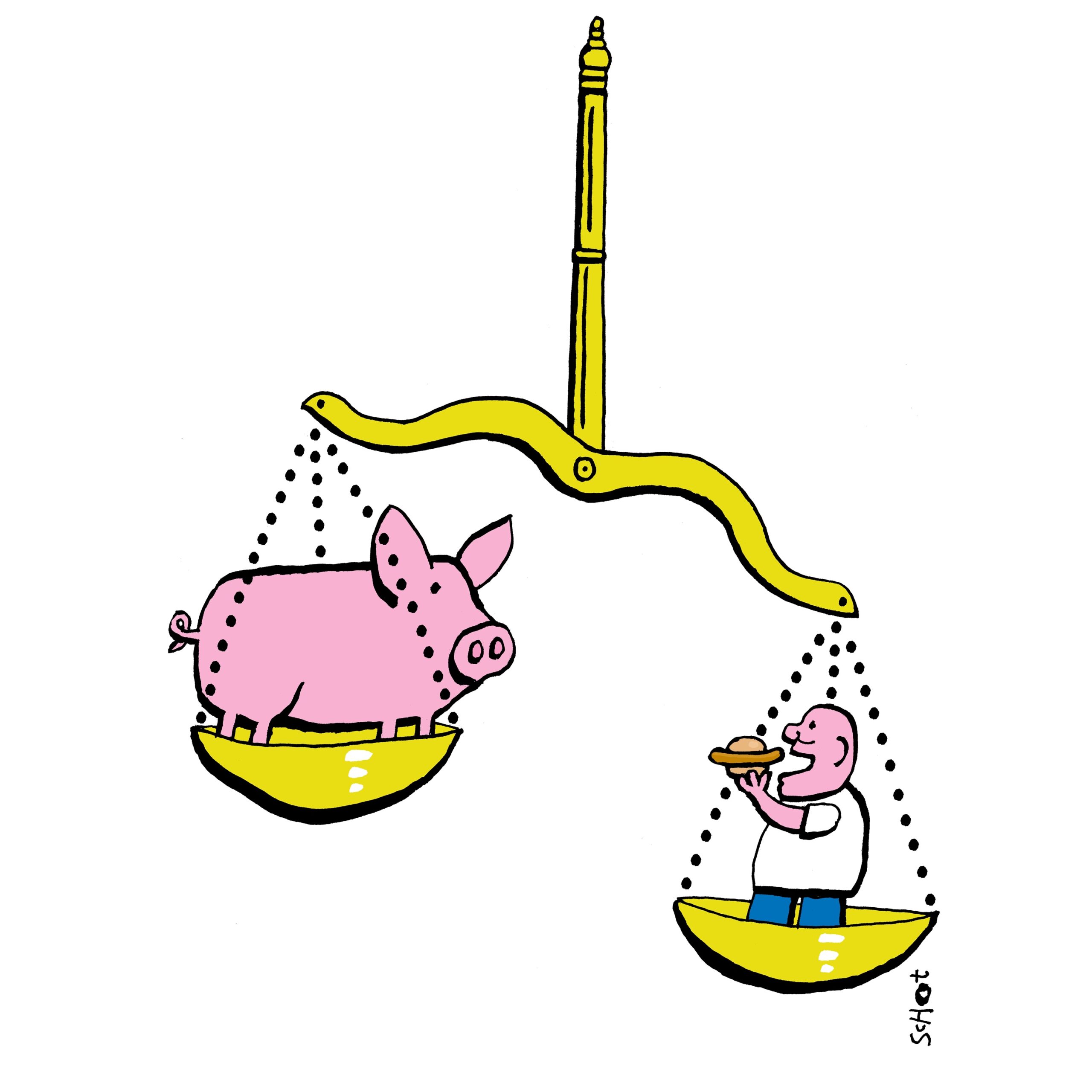 moreel dilemma over dierenlevens tegenover mensenlevens uitgebeeld met een weegschaal met aan de ene kant een varken en aan de andere kant een man die een broodje met worst eet