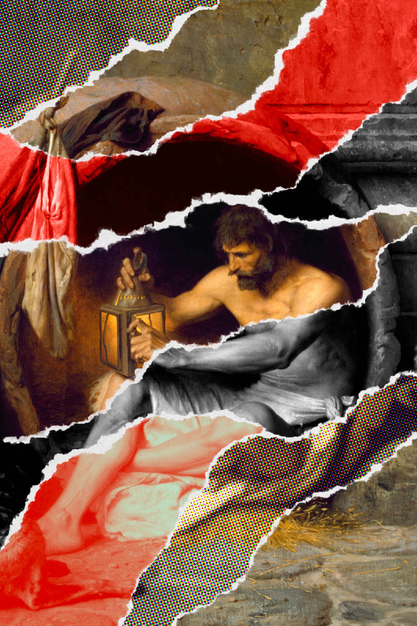 Diogenes van Sinope in zijn wijnvat met honden beeld voor een spoedcursus over waanzin