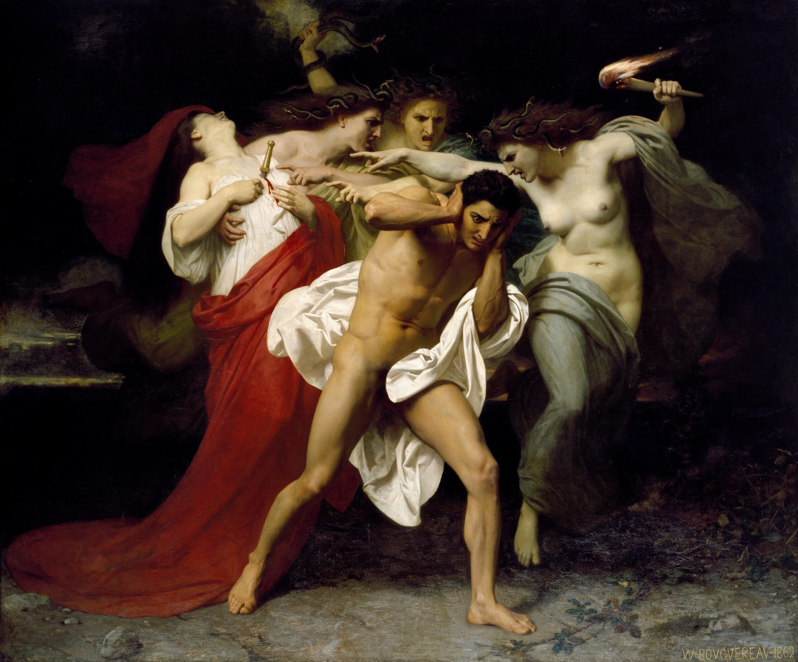‘De wroeging van Orestes’, olieverfschilderij geïnspireerd door Griekse tragedies door William-Adolphe Bouguereau uit 1862