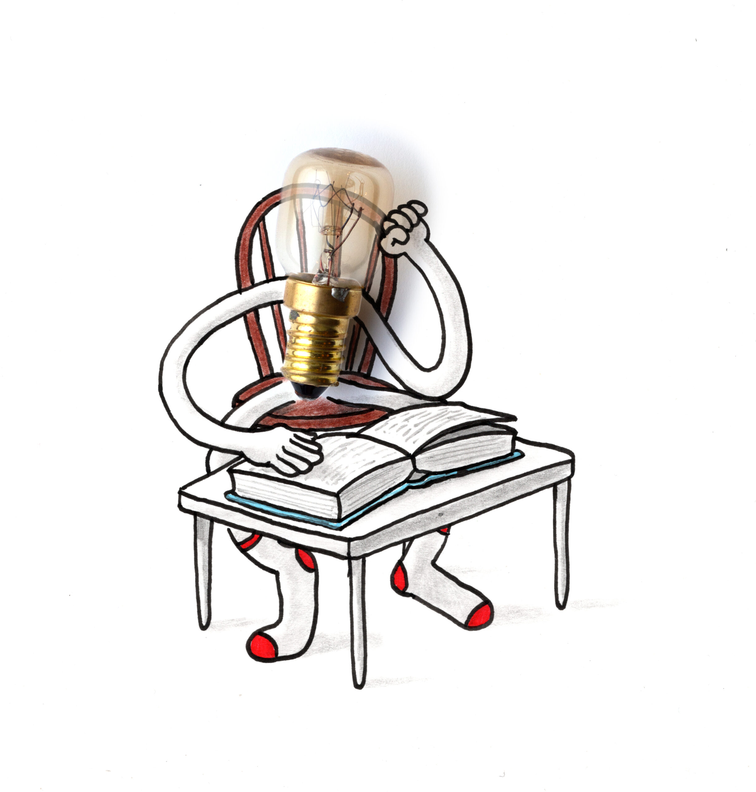 lampje studeert met een boek aan een tafel