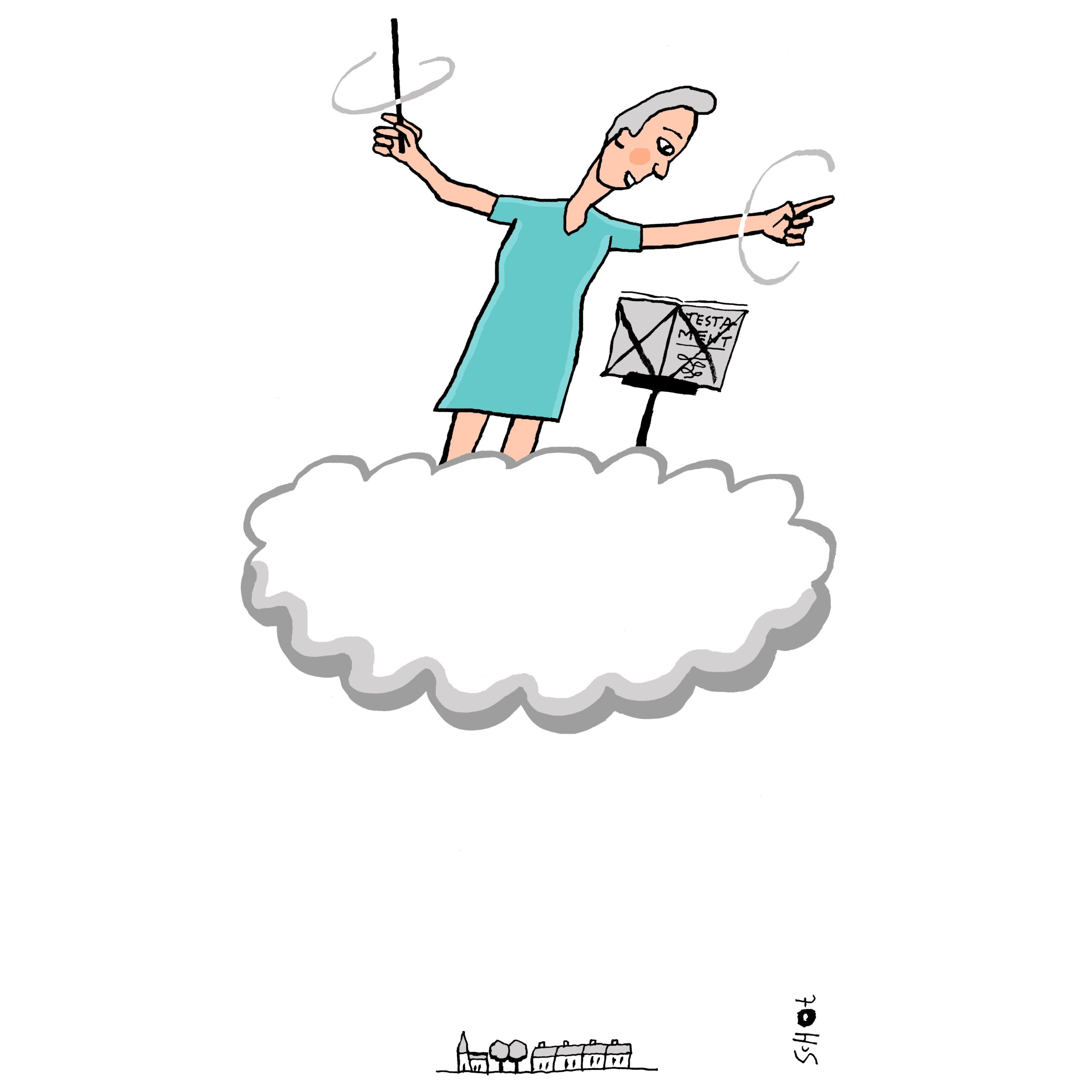 overledene op een wolk dirigeert met zijn laatste wil het leven op aarde