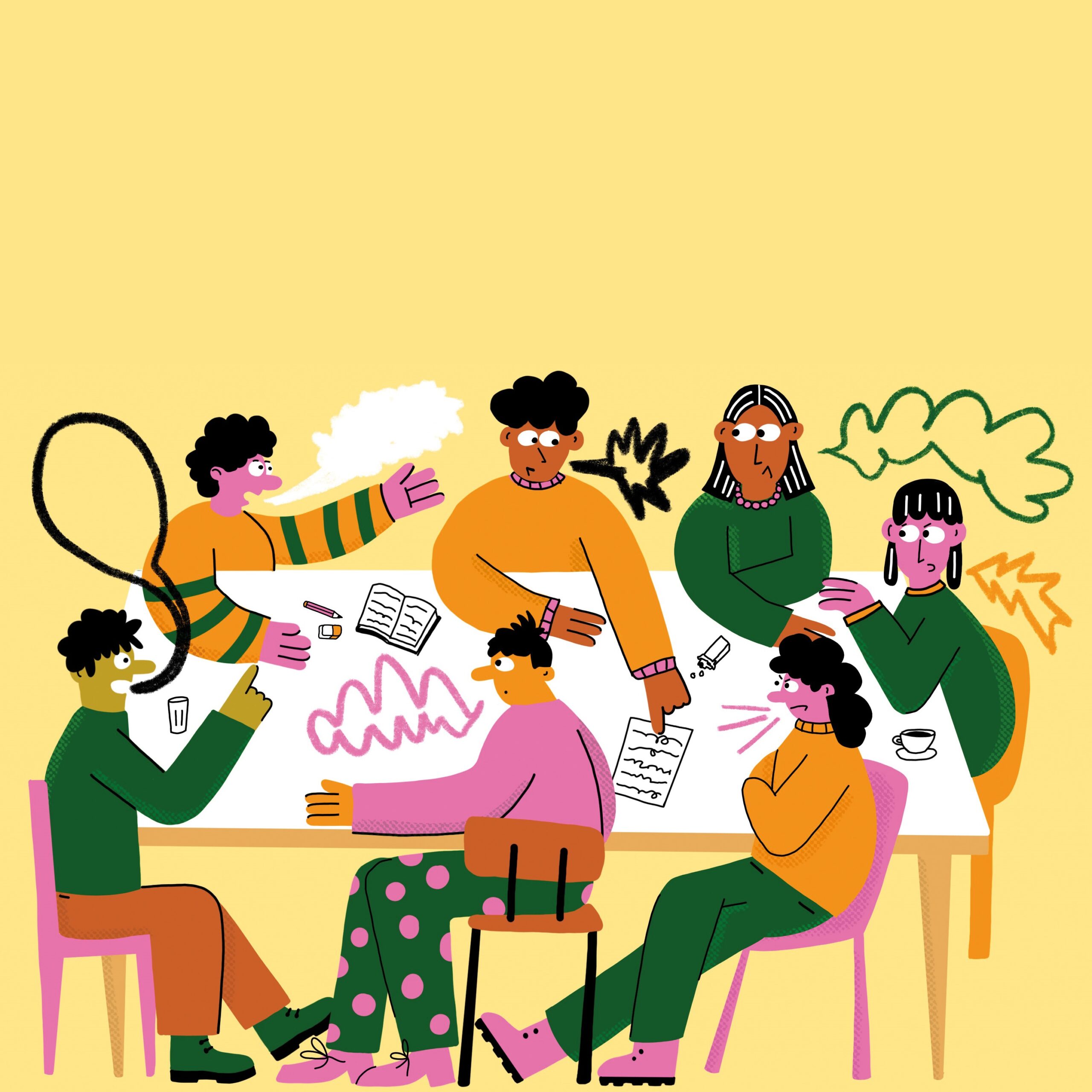 illustratie van een tafel vol filosofen die debatteren over materialisme en God