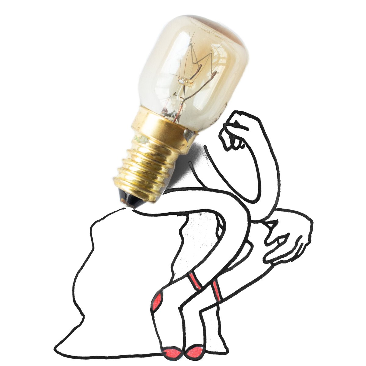 lampje zit denken op een rots in de houding van le penseur van Auguste Rodin