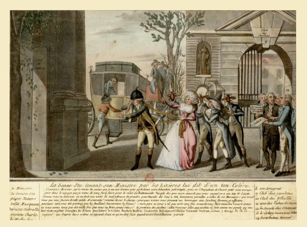 Spotprent over Germaine De Staël uit 1792. Ze houdt minister van Oorlog (en haar minaar) Louis de Narbonne onder controle met teugels en een bos twijgen