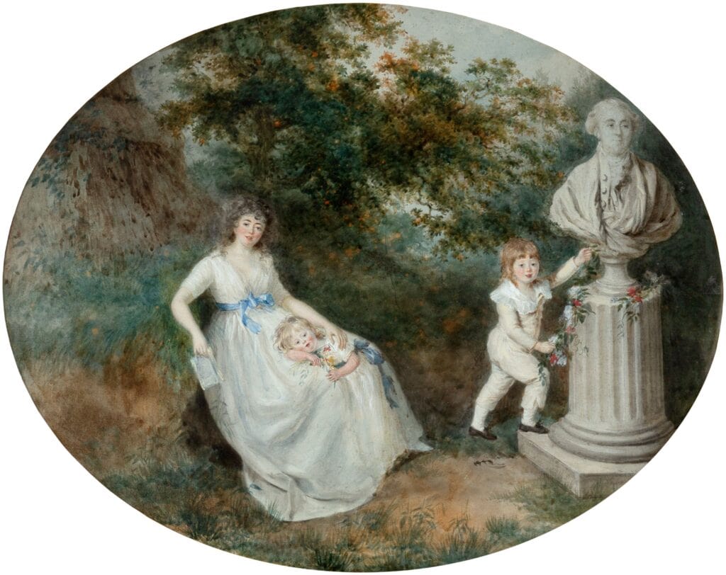 De Staël met haar kinderen Albert en Auguste in de tuin van het landgoed Coppet, waar ze een intellectuele kring had. De buste toont haar vader Jacques Necker. Madame de Staël accompagnée de ses deux enfants, aquarel uit 1794 van Firmin Massot